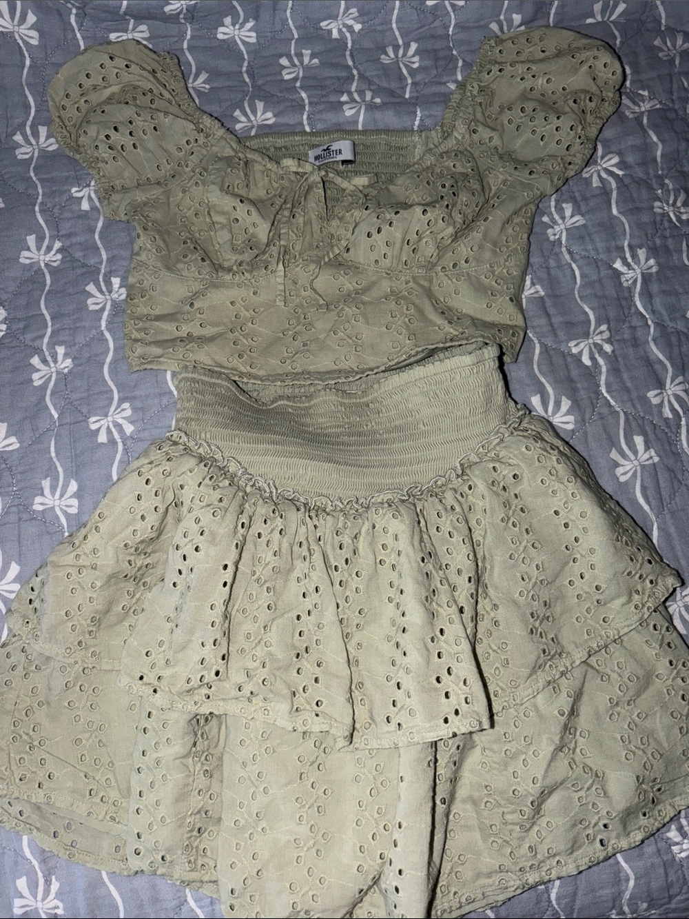 Hollister Sage Green Eyelet Tiered Mini Skirt Set